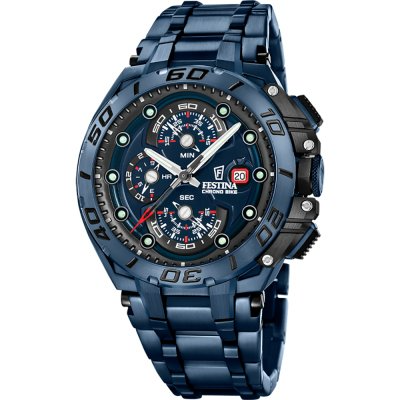 De Festina F20757/1 is een herenhorloge uit de populaire Chrono Bike Special Edition collectie. Dit model is ge&iuml;nspireerd op de wielersport en staat bekend om zijn robuuste, sportieve ontwerp. 