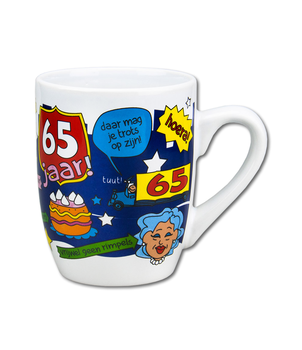 Deze mok met grappige tekening en tekst 65 jaar is gemaakt van keramiek en door de unieke 'cartoon' style is deze mok een echte eyecatcher. 