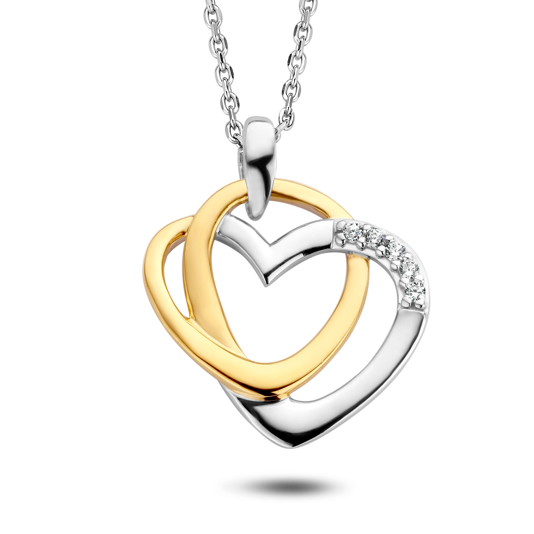 Zilveren anker collier met zilver vergulde hart hanger met zirkonia's