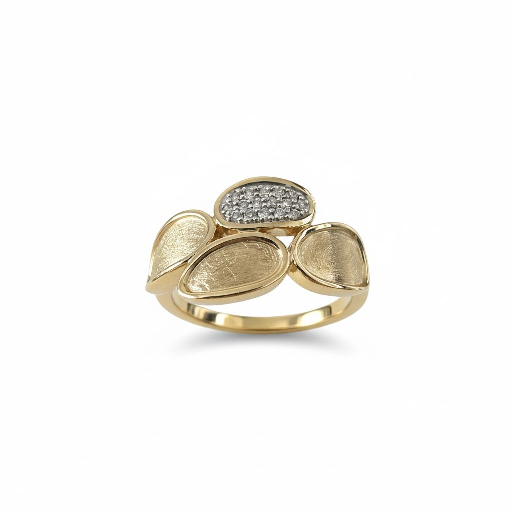 14 karaat geelgouden ring met 16 briljanten van totaal 0.08 caraat. De ring is eventueel ook te gebruiken als gedenksieraad door de ring te vullen met moedermelk of as.