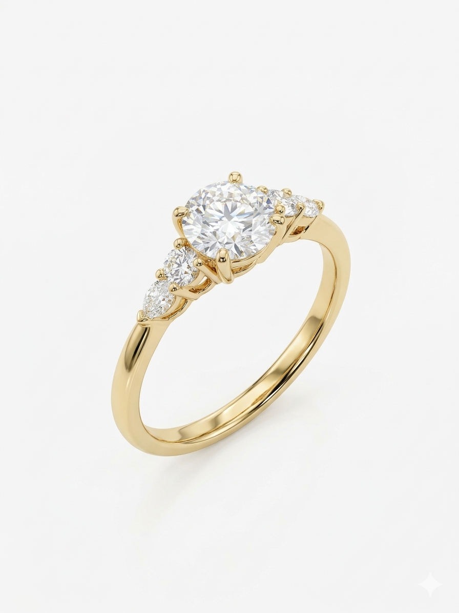 14 karaats geelgouden lab grown diamanten ring met in het midden 1,0 craat aan lab diamant. Midden diamant is D kleur met een helderheid van VVS 2. zijde lab grown diamanten met een marquise en briljanten van totaal 0,40 crt. Rijk design, 1 gemaakt. ring wordt geleverd met een IGI diamanten certificaat. 