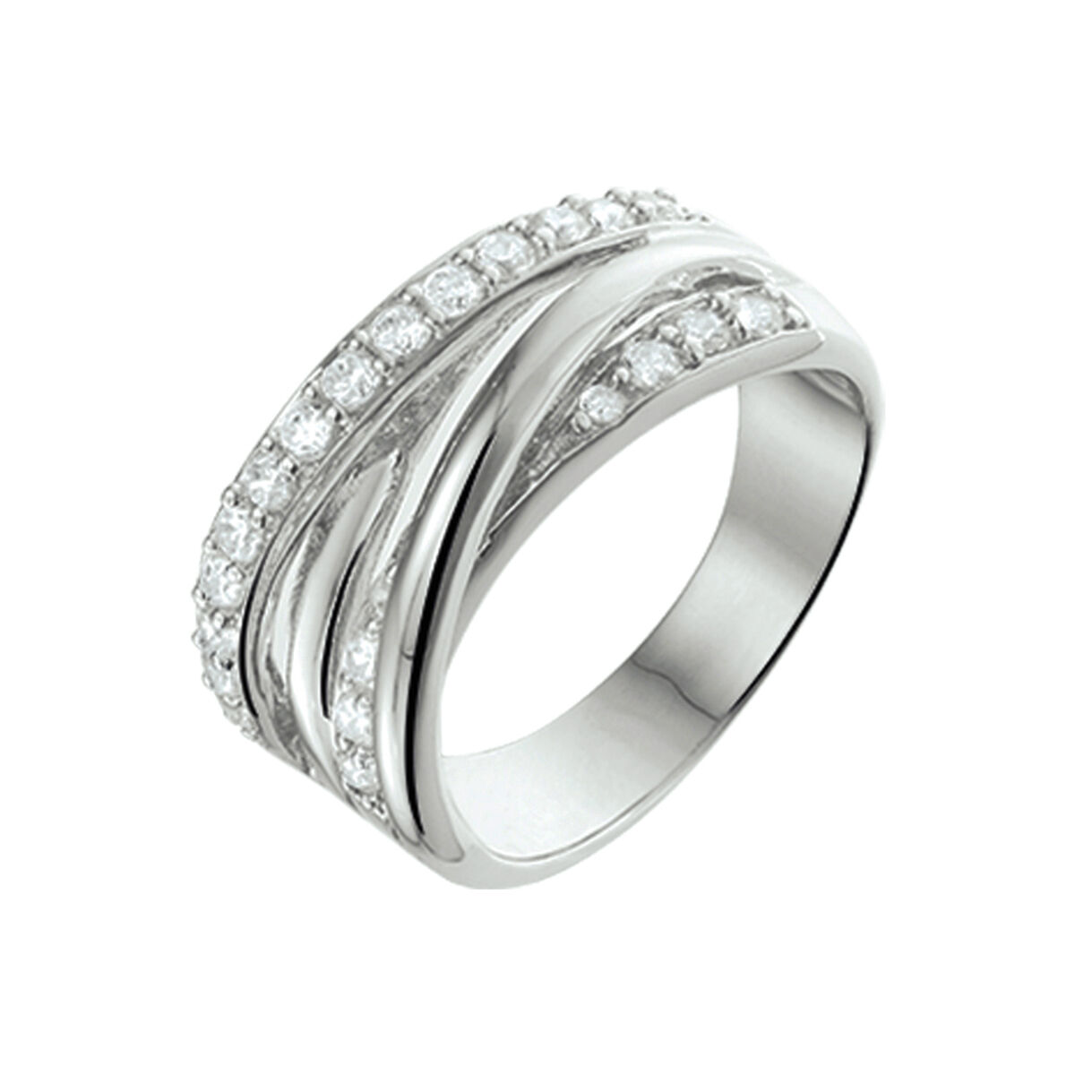 Zilveren damesring cross over met zirkonia's maat 21 en leverbaar in diverse andere maten