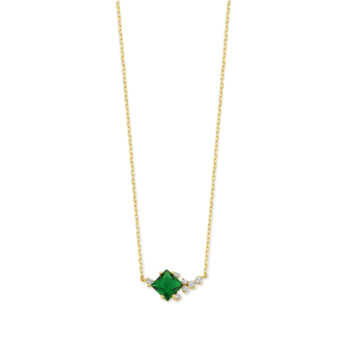 De Vergulde Halsketting met groene zirconia, modelnummer N6E52, heeft een lengte van 43 cm plus een verlengstuk van 3 cm. Deze sierlijke ketting is goudkleurig, gemaakt van goud verguld 925 sterling zilver en weegt 2.9 gram. Perfect te dragen bij formele gelegenheden of om een dagelijkse look elegantie te geven.