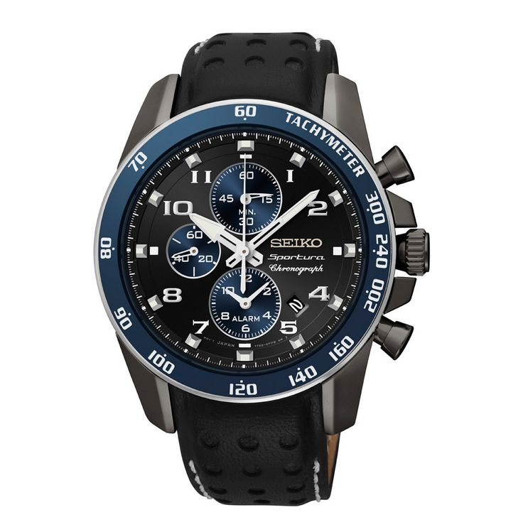 Seiko Sportura chronograaf grey-coated, zwarte lerenband en saffierglas