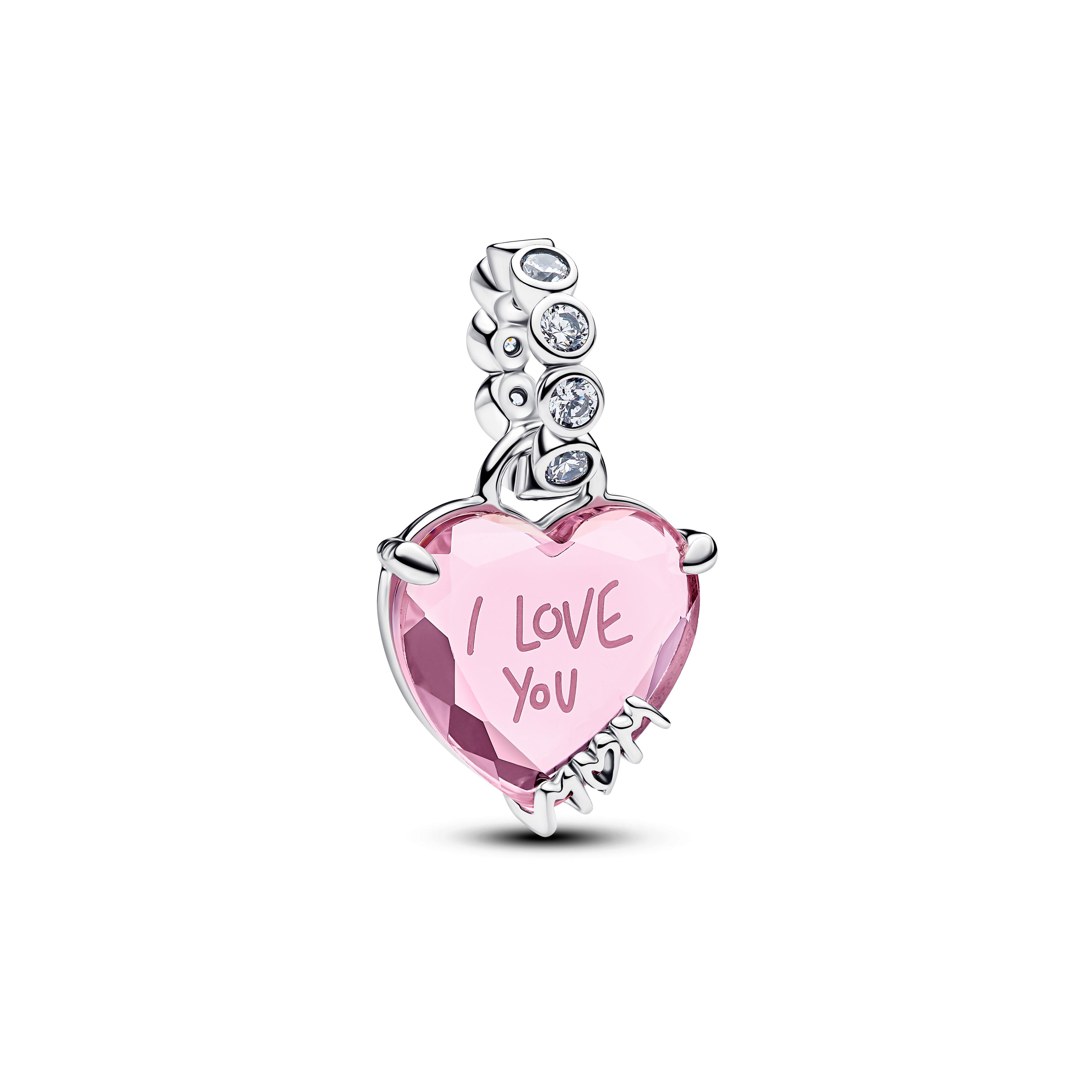 Pandora - Zilveren bedel met roze zirconia hart hanger, I Love You -794464C01