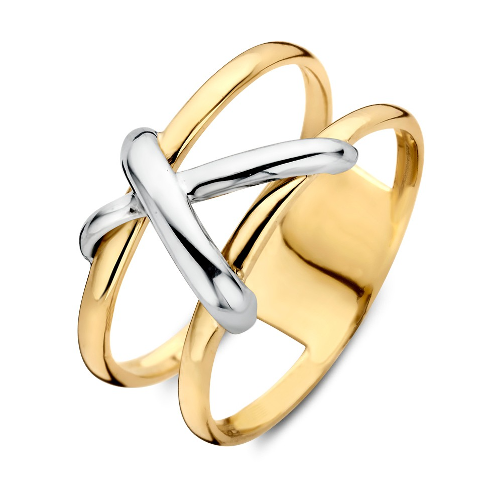 Brede bicolor wit- en geelgouden ring met speels design.