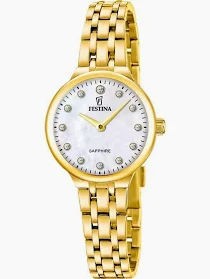 Dames uurwerk in plaque met een metaalband in plaque. De wijzerplaat is wit met steentjes  op de 
indexen