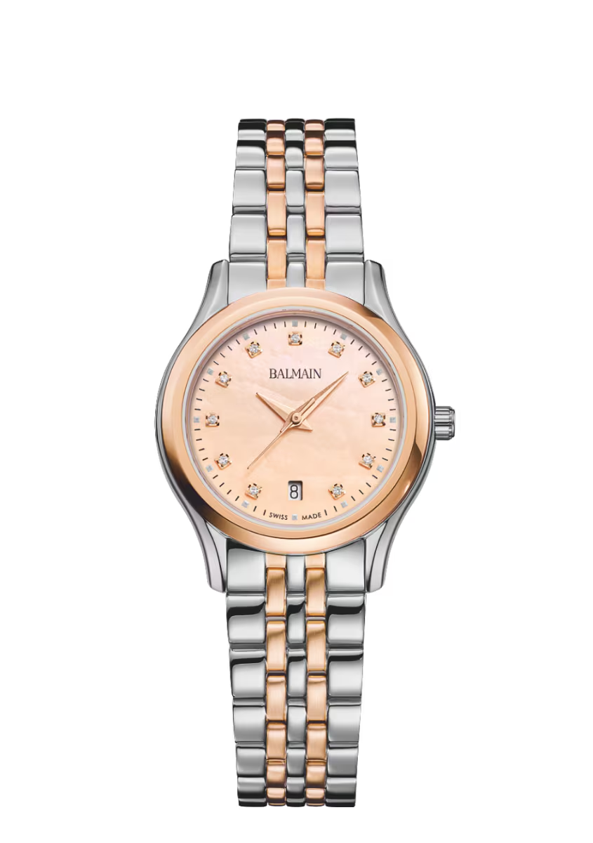De Balmain Beleganza is een verfijnd dameshorloge dat gedurfde elegantie combineert met een modern ontwerp ge&iuml;nspireerd op de Parijse Haute Couture. De rose parelmoeren wijzerplaat is bezet met 11 Top Wesselton VS-SI diamanten, in totaal 0,041 karaat, en is voorzien van diamanten markeringen die een expressieve touch toevoegen. De 27,50 mm kast van tweekleurig roestvrij staal en ros&eacute;goud PVD met een compromisloos profiel van 6,40 mm en een bijpassende tweekleurige armband biedt elegantie voor elke dag. Dit horloge van Zwitserse makelij is voorzien van saffierglas