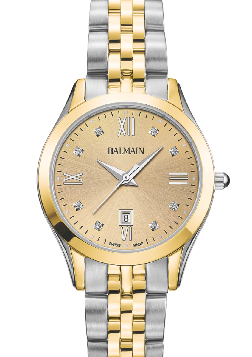 De Balmain Classic R is een stijlvol Zwitsers dameshorloge met een gouden wijzerplaat, diamanten accenten en Romeinse indexen. De bicolor kast en slanke vorm geven het een tijdloze, elegante uitstraling voor dagelijks gebruik.