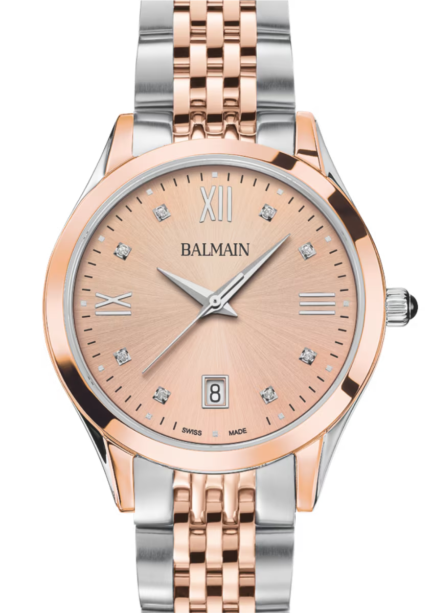 De Balmain Classic R is een verfijnd dameshorloge met een gouden wijzerplaat, subtiele diamanten 0.030ct en klassieke Romeinse cijfers. Dankzij de bicolor kast en het slanke design straalt het horloge tijdloze elegantie uit.