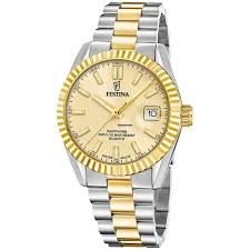 Dames/Herenuurwerk in bicolor (tweekleurig) met een bicolor (tweekleurig) metaalband. De uitvoering is in champagne kleurige wijzerplaat. 