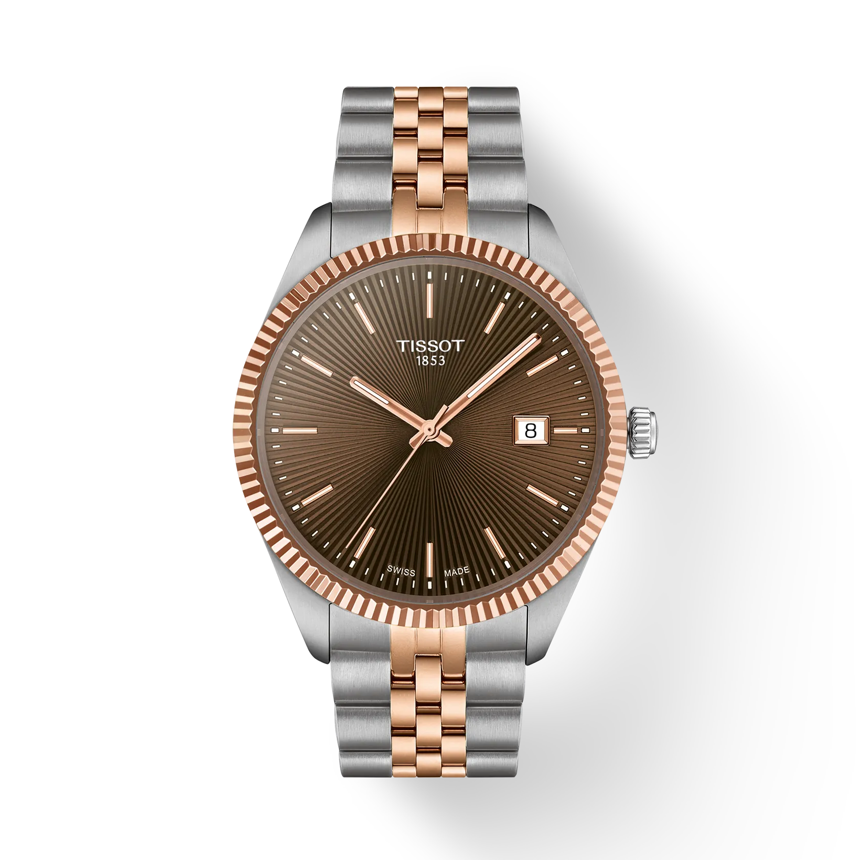een heren polshorloge Tissot model Ballade met een bruine wijzerplaat en rose kleurige accenten.