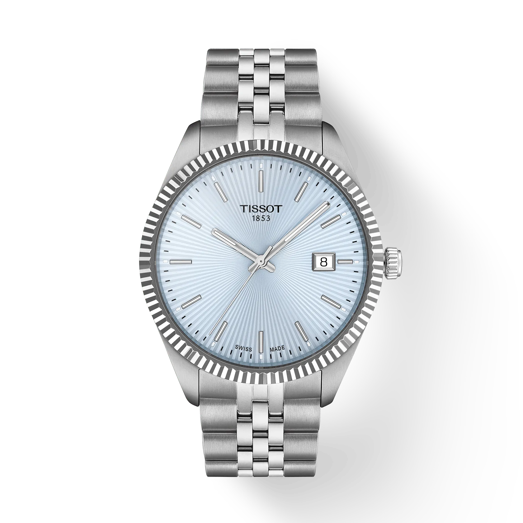 een Tissot polshorloge model Ballade met licht blauwe wijzerplaat.