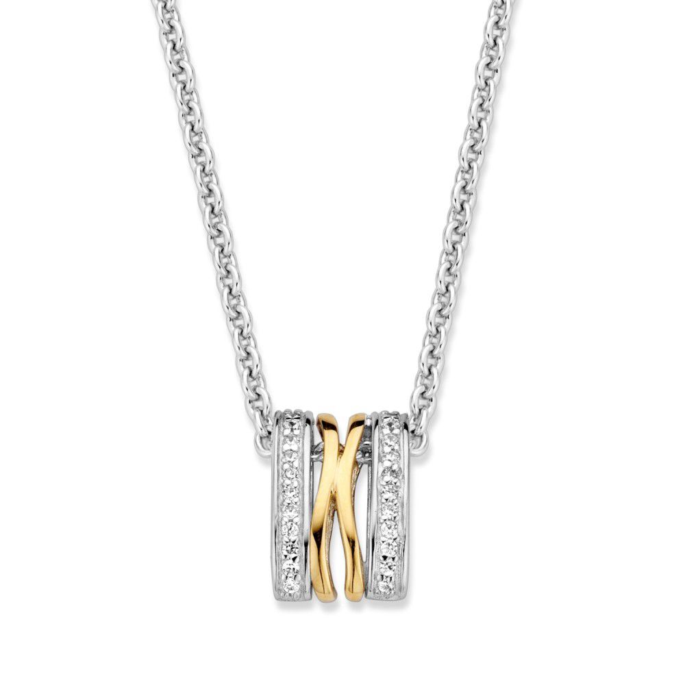 De Excellent Jewelry collier met hanger is een verfijnde zilver/goud 14-karaats ketting met een schitterende witte zirkonia-steen. De hanger is 10 mm breed en hangt aan een ankerketting met karabijnhaakslot. Perfect voor elegante gelegenheden, het kan solo gedragen worden voor een subtiele uitstraling of gestapeld voor meer impact.

