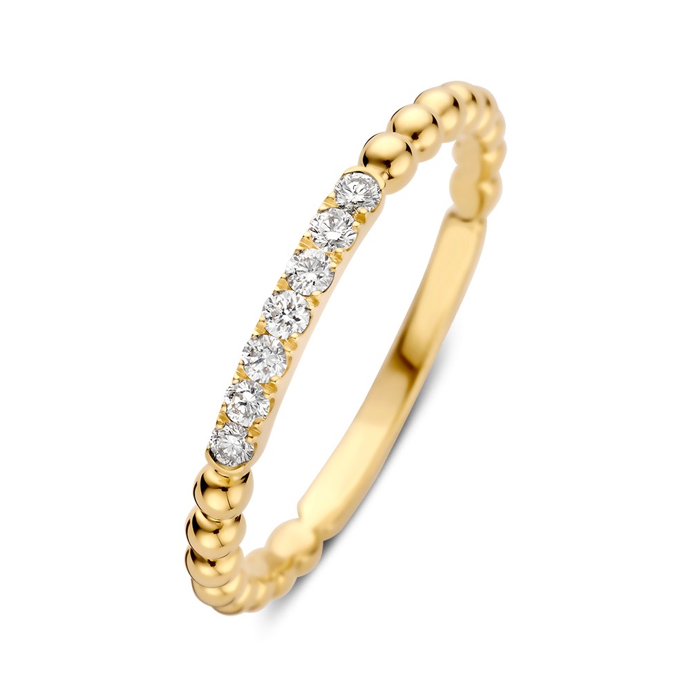 Ring met bolletjes design en rijzetting van briljant geslepen diamant.
7x0.02ct in geelgoud 14 karaat 
