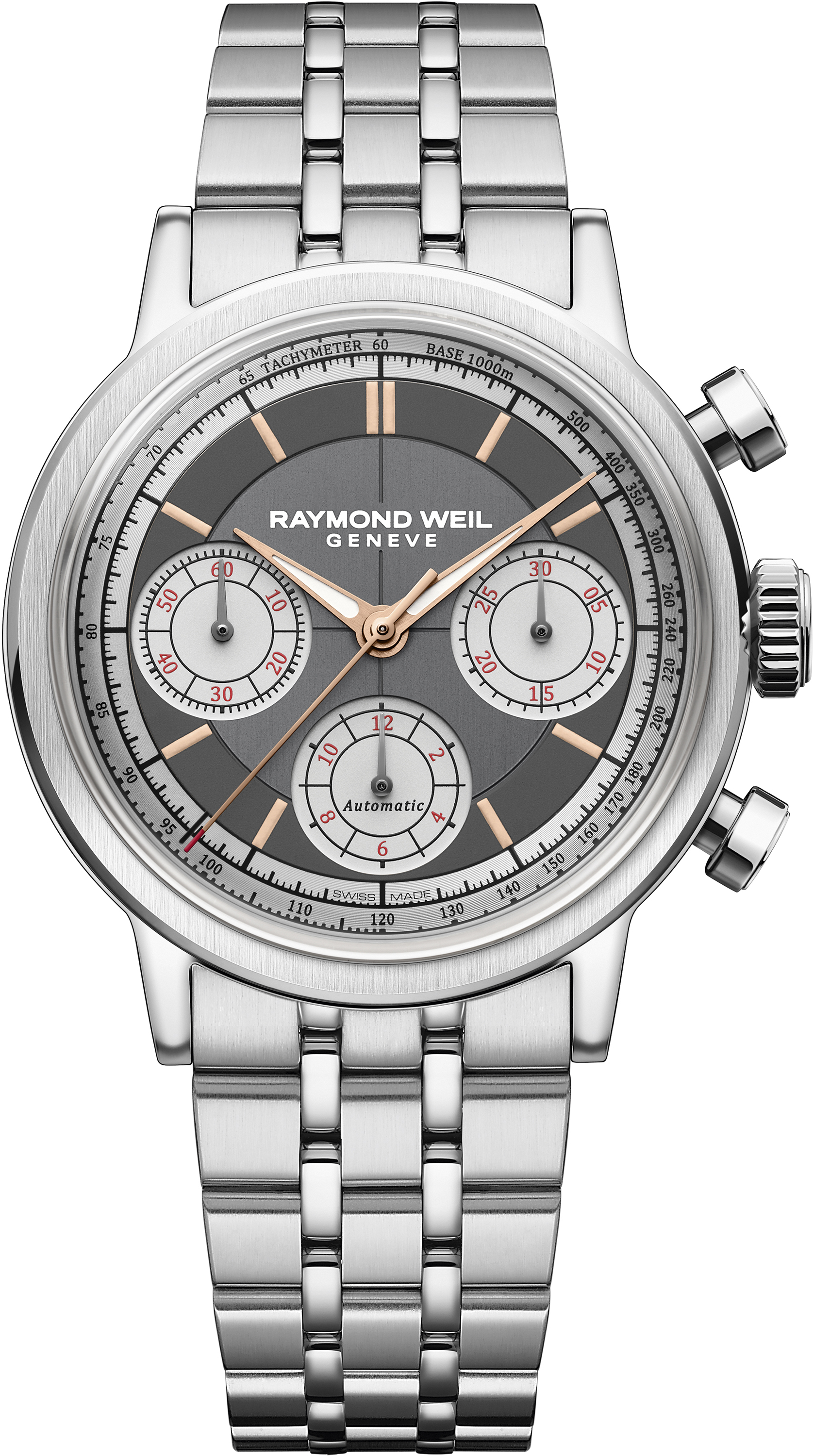 Dit is een horloge van het merk Raymond Weil gemaakt voor heren.
De specificaties zijn als volgt:
Kastmaat: 39,5 mm
Kastdikte: 12,9
Waterdichtheid: 5 ATM / 50 Meter / 165 Feet
Dit horloge heeft de volgende functies/eigenschappen:
Chronograaf
Tachymeter