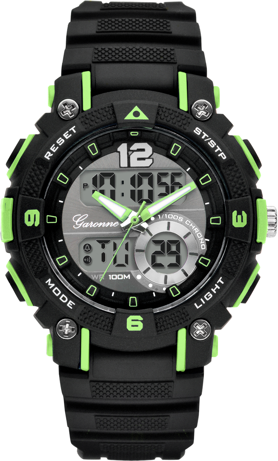 Dit is een horloge van het merk Garonne gemaakt voor jongens.
De specificaties zijn als volgt:
Kastmaat: 38 mm
Kastdikte: 15,2 mm
Bandlengte: 177
Bandbreedte: 16
Waterdichtheid: 10 ATM / 100 Meter / 330 Feet
Dit horloge heeft de volgende functies/eigenschappen:
Datumaanduiding
Dagaanduiding
Alarm
Stopwatch