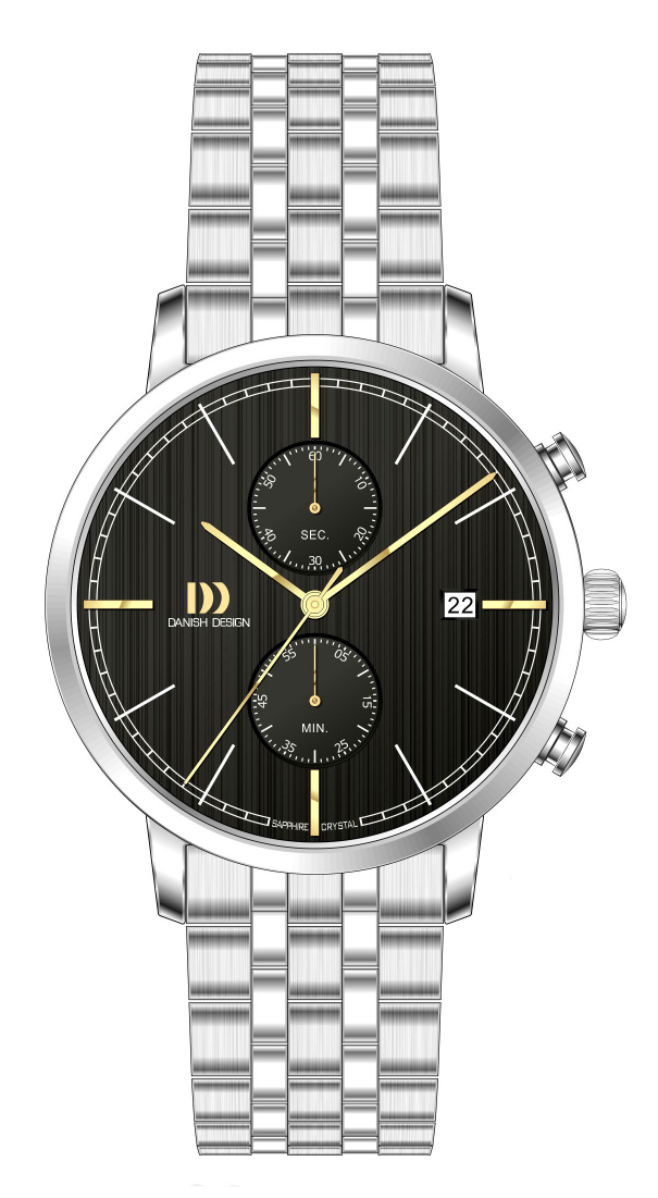 De Danish Design Horloge Kottur Chrono II Sapphire Grijs Goud, modelnummer IQ94Q1290, is een stijlvol polshorloge met een ronde, zilverkleurige roestvrijstalen kast en band. Met een grijze wijzerplaat, saffierglas, en chronograaf functies, is het waterbestendig tot 5 ATM. Perfect te dragen bij formele en zakelijke gelegenheden voor een tijdloze en verfijnde uitstraling.