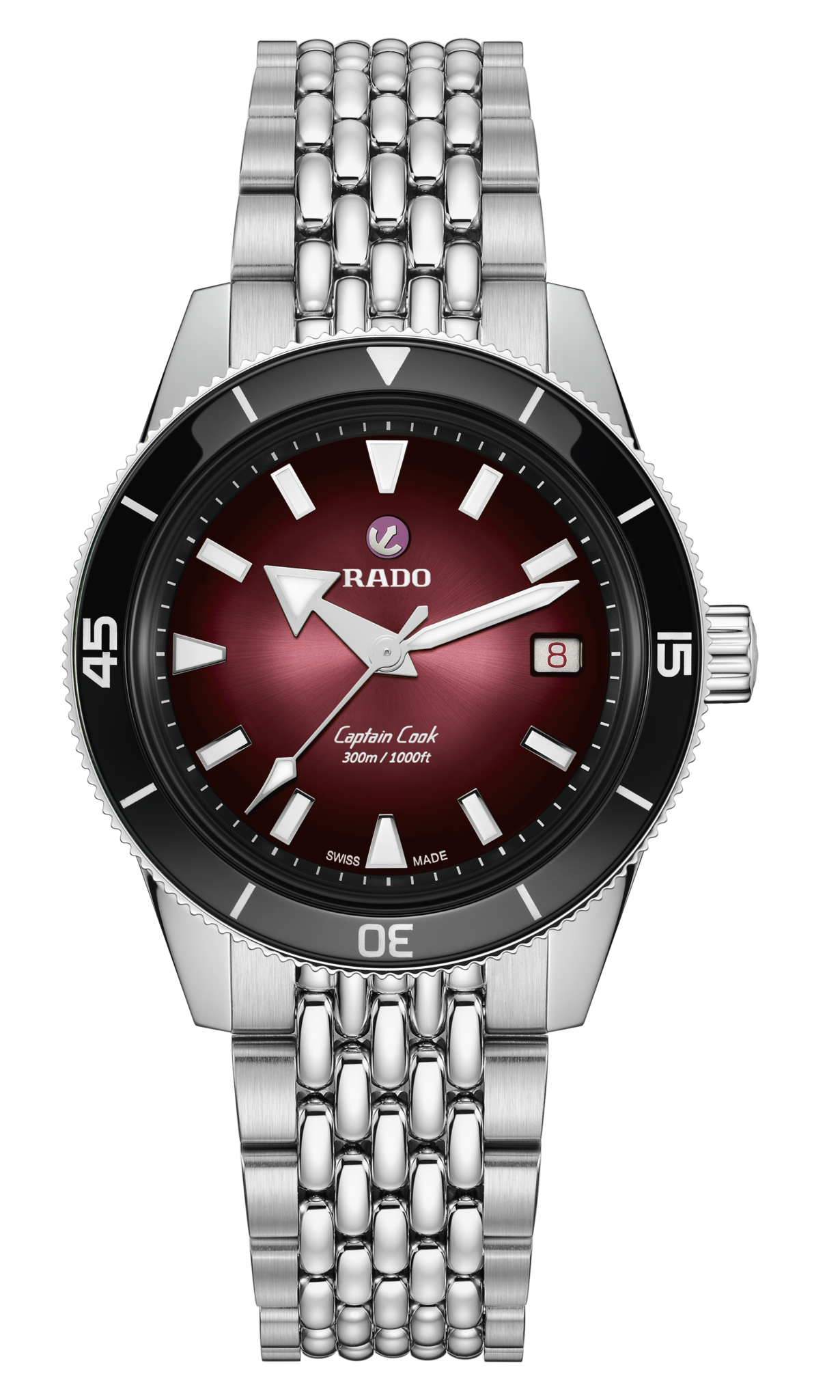 De Rado Captain Cook R32223408 is een stijlvolle polshorloge met een kast van roestvrij staal en een zilverkleurige band. Daarbij nog extra twee horloge banden leder en een nato  waarmee u kunt afwisselen. Het heeft een diameter van 39 mm en een datumaanduiding. Draag het bij formele gelegenheden of zakelijke outfits voor een verfijnde uitstraling. Voeg het toe aan uw collectie voor een tijdloze, elegante look.