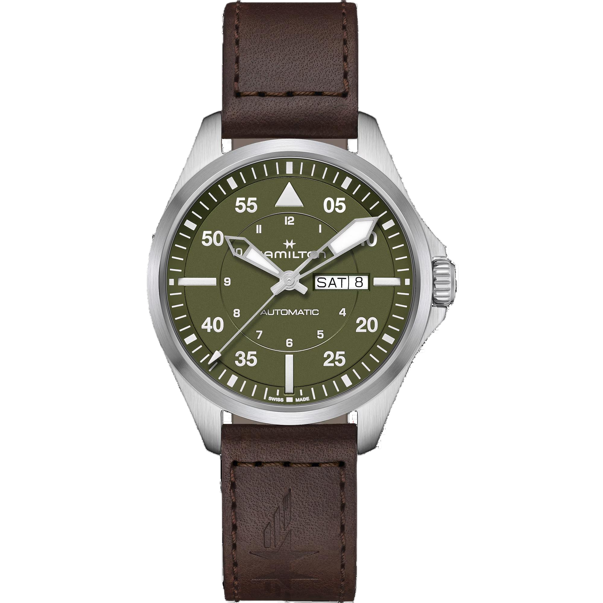 De Hamilton Khaki Pilot H64635560 is een luxe automatische polshorloge met Zwitserse beweging. Het heeft een ronde zilverkleurige roestvrijstalen kast, groene wijzerplaat met Arabische cijfers, en een bruine lederen band. Het is waterdicht tot 100 meter en hypoallergeen. Perfect voor stijlvolle gelegenheden. Draag het om uw pols voor een verfijnde uitstraling.