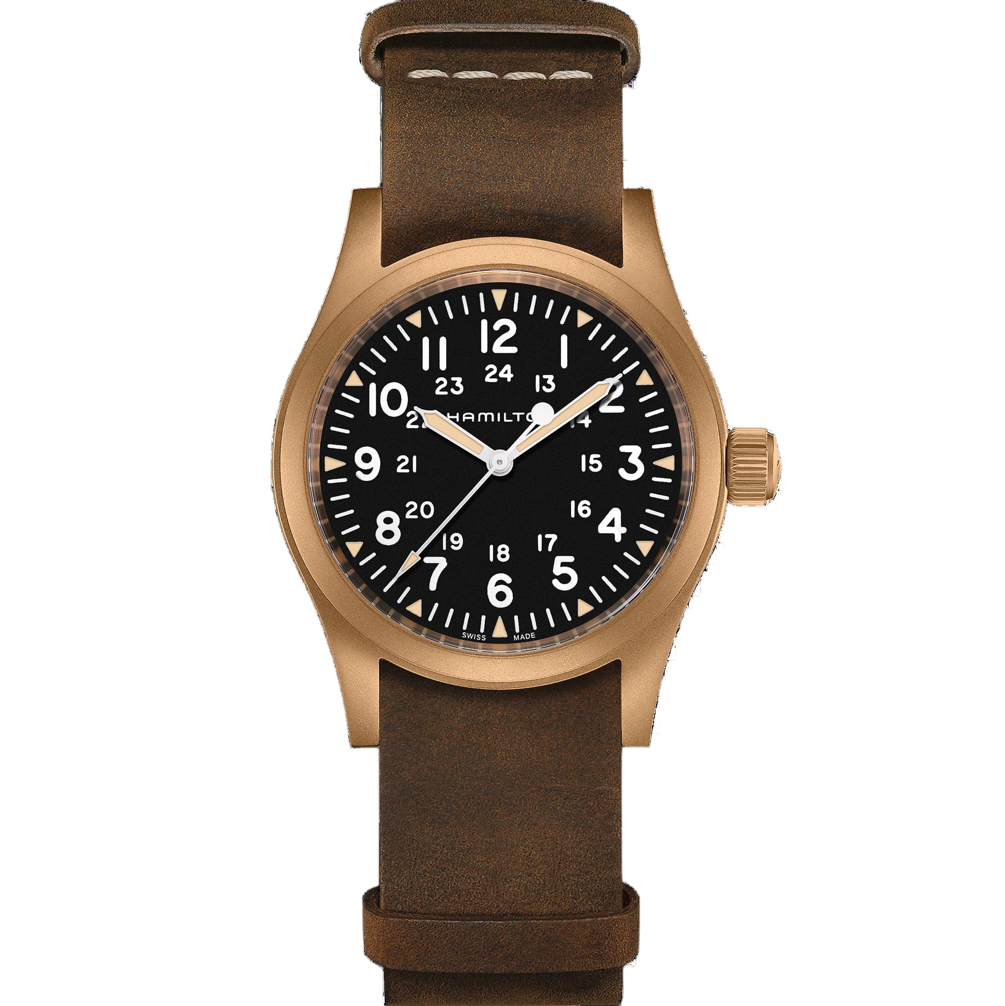 De Hamilton Khaki Field Mechanical Bronze H69459530 is een Zwitsers automatisch polshorloge met analoge aanduiding, gehuisvest in een ronde bronzen kast met saffierglas. Met een waterdichtheid van 5 ATM en antiallergische eigenschappen is dit horloge ideaal voor dagelijks gebruik. Het zwarte wijzerplaatontwerp met Arabische cijfers en een bruine leren band maken het stijlvol en comfortabel om te dragen.

Beste draagwijze: Draag het horloge dagelijks voor een klassieke en tijdloze uitstraling.