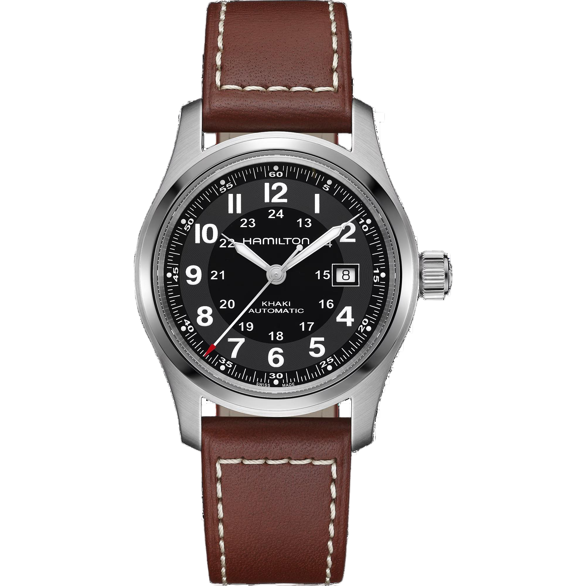 De Hamilton Khaki Field H70555533 is een Zwitserse automatische analoge polshorloge met een ronde roestvrijstalen kast van 42 mm en saffierglas. Waterdicht tot 100 meter en antiallergisch. Het heeft een zwarte wijzerplaat met Arabische cijfers en een bruine leren band van 22 mm. Ideaal voor dagelijks gebruik en avontuurlijke uitstapjes.