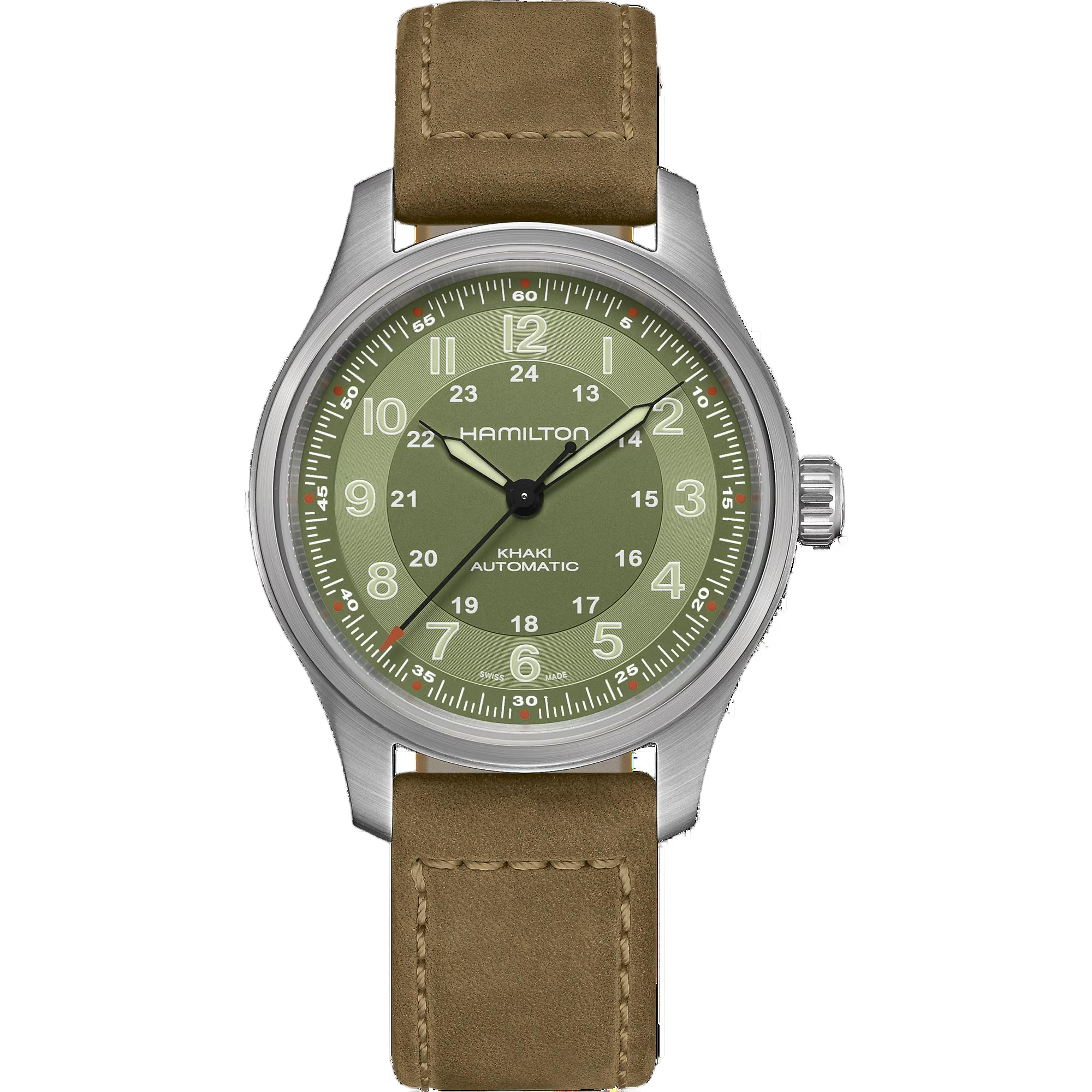 De Hamilton Khaki Field H70545560 beschikt over een Zwitserse automatische beweging, een ronde titanium kast van 42 mm met saffierglas en een groene wijzerplaat met Arabische cijfers. De bruine leren band is anti-allergisch en waterbestendig tot 10 bar. Draag hem casual met een kaki-outfit of elegant bij formele gelegenheden. Ideaal voor dagelijks gebruik.