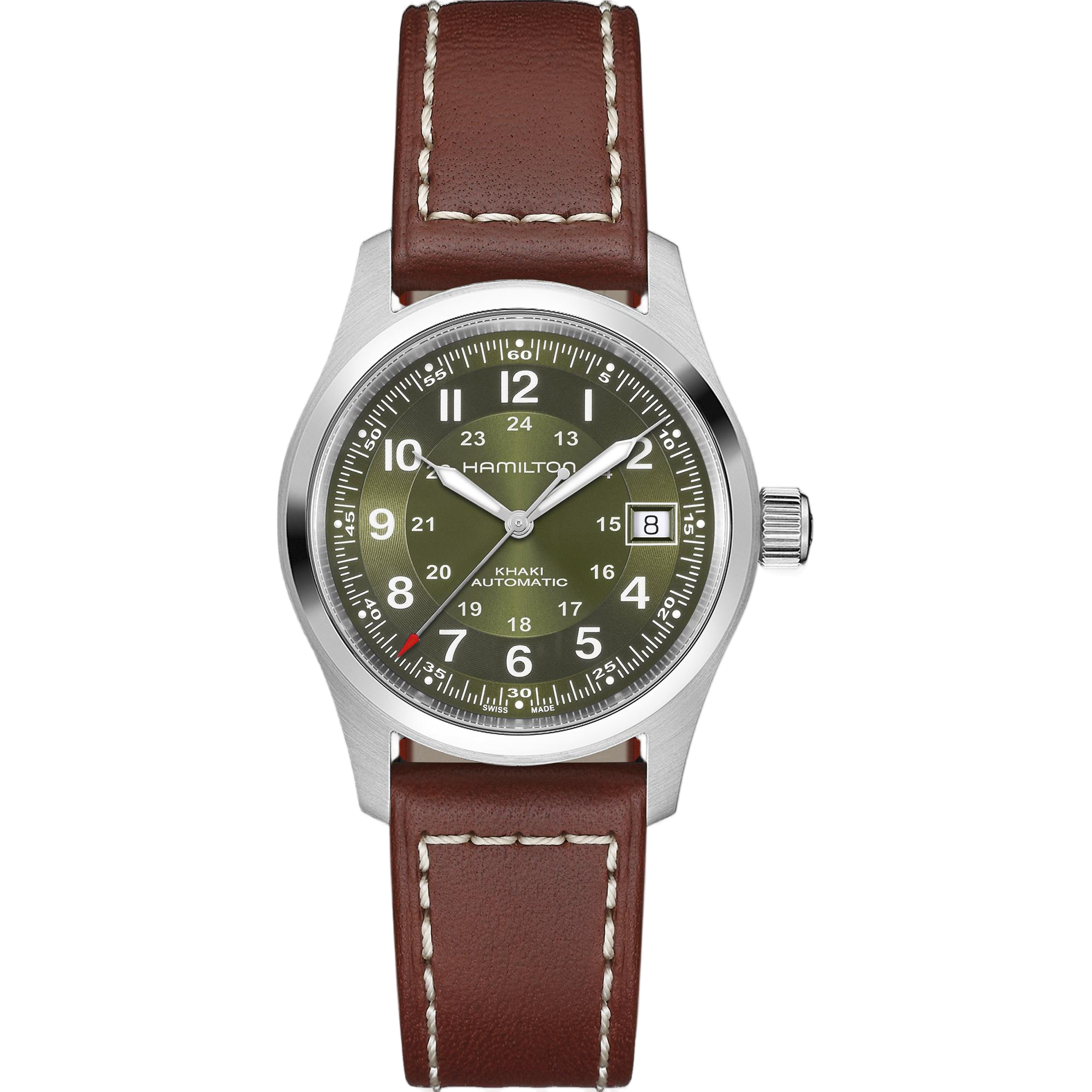 De Hamilton Khaki Field H70455560 is een stijlvolle polshorloge met een 38 mm roestvrijstalen kast en een groene wijzerplaat met Arabische cijfers. Het horloge heeft een automatische beweging, saffierglas en is waterbestendig tot 10 ATM. Met een bruine leren band is het perfect voor dagelijks gebruik. Draag het met informele of zakelijke kleding voor een tijdloze uitstraling.