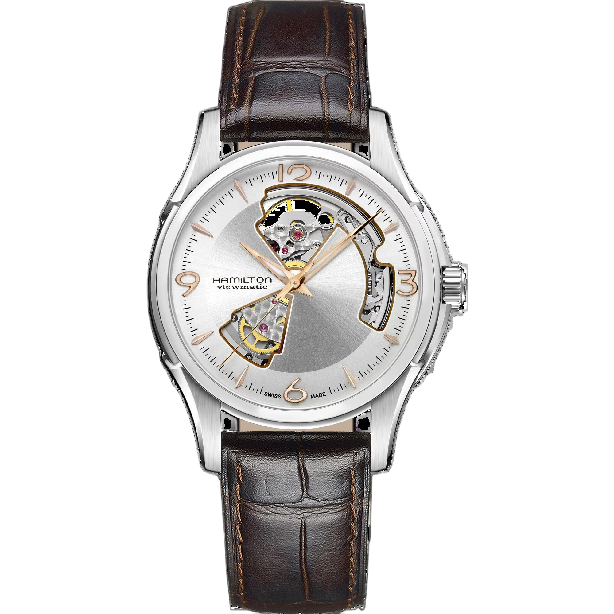 De Hamilton Jazzmaster Open Heart H32565555 is een verfijnd horloge met Zwitsers automatisch uurwerk. Het heeft een waterbestendigheid van 5 ATM en een kast van 40 mm in zilverkleurig roestvrij staal met saffierglas. De bruine leren band maakt het compleet. Combineer het elegant met formele of zakelijke outfits voor een tijdloze uitstraling.