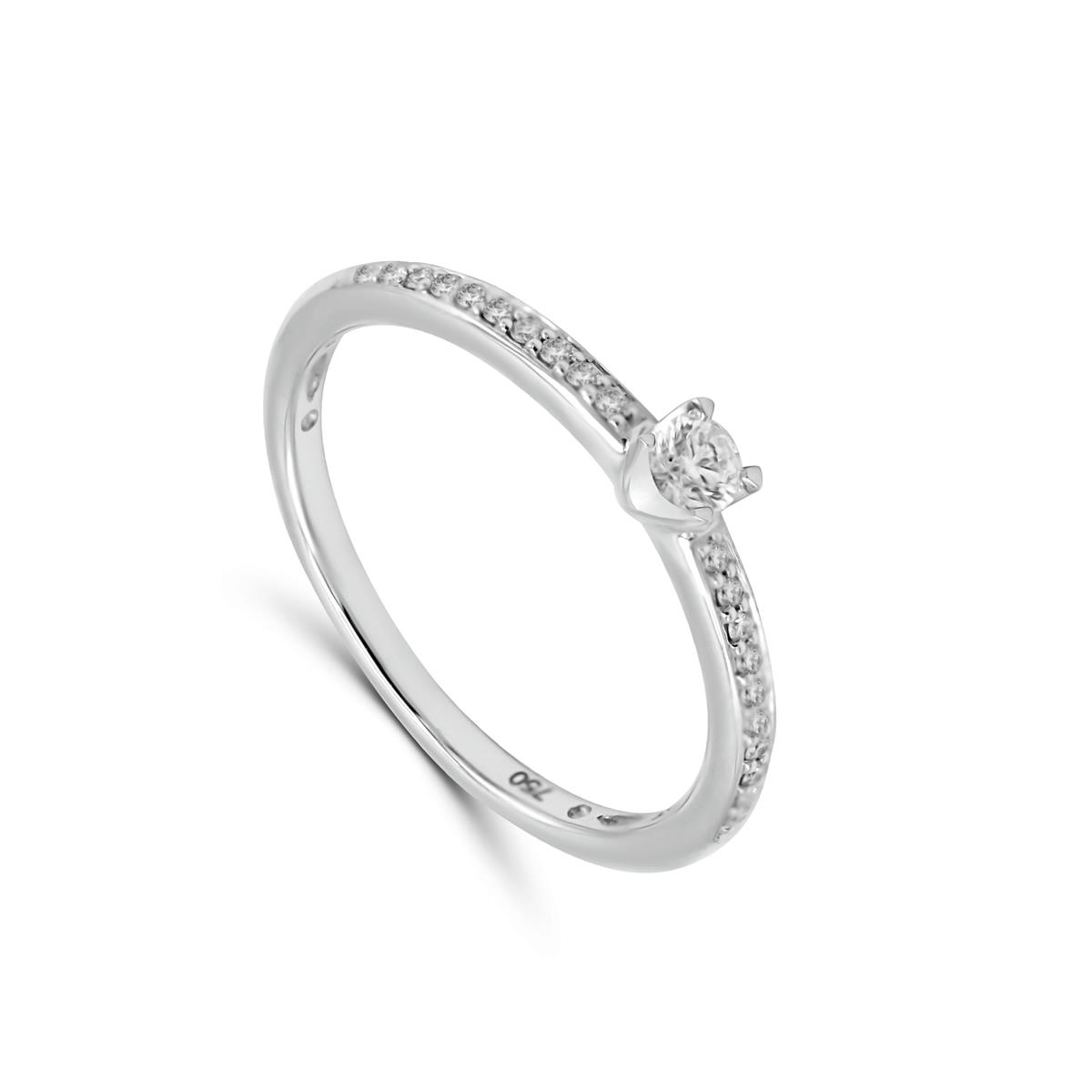Een prachtige ring van Elegance in 18 karaat witgoud. Deze ring is half gezet met diamanten en heeft centraal een grotere briljant geslepen diamant 0.16ct.