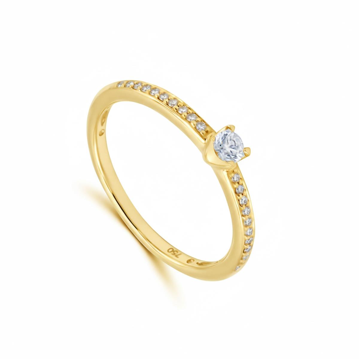 Een prachtige ring van Elegance in 18 karaat geelgoud. Deze ring is half gezet met diamanten en heeft centraal een grotere briljant geslepen diamant 0.16ct.