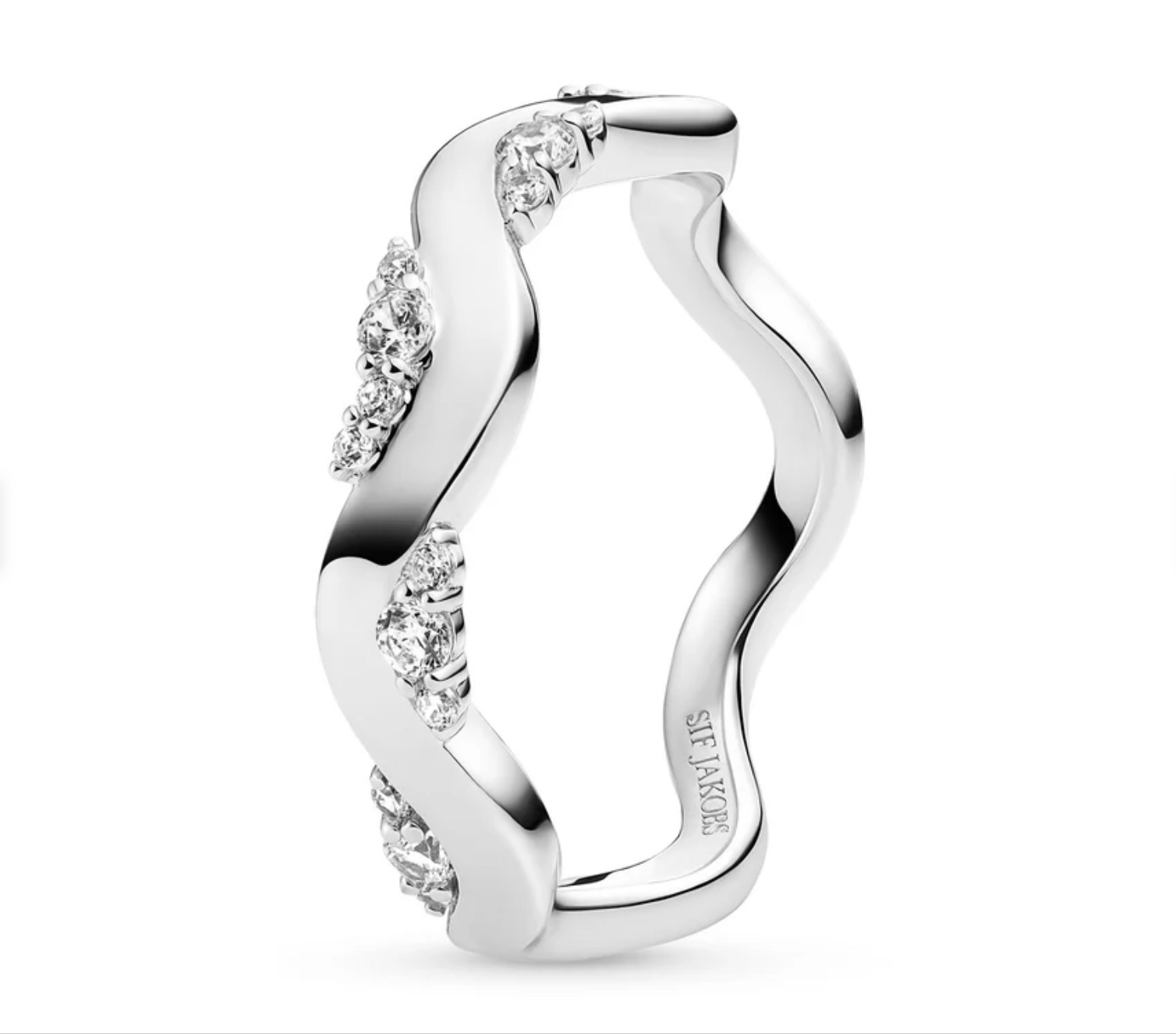 Ring gemaakt van 925 sterling zilver met rhodiumcoating, met een gepolijst oppervlak en bezet met facetgeslepen witte zirkonia.

Ringafmetingen: Breedte 4,5 mm.