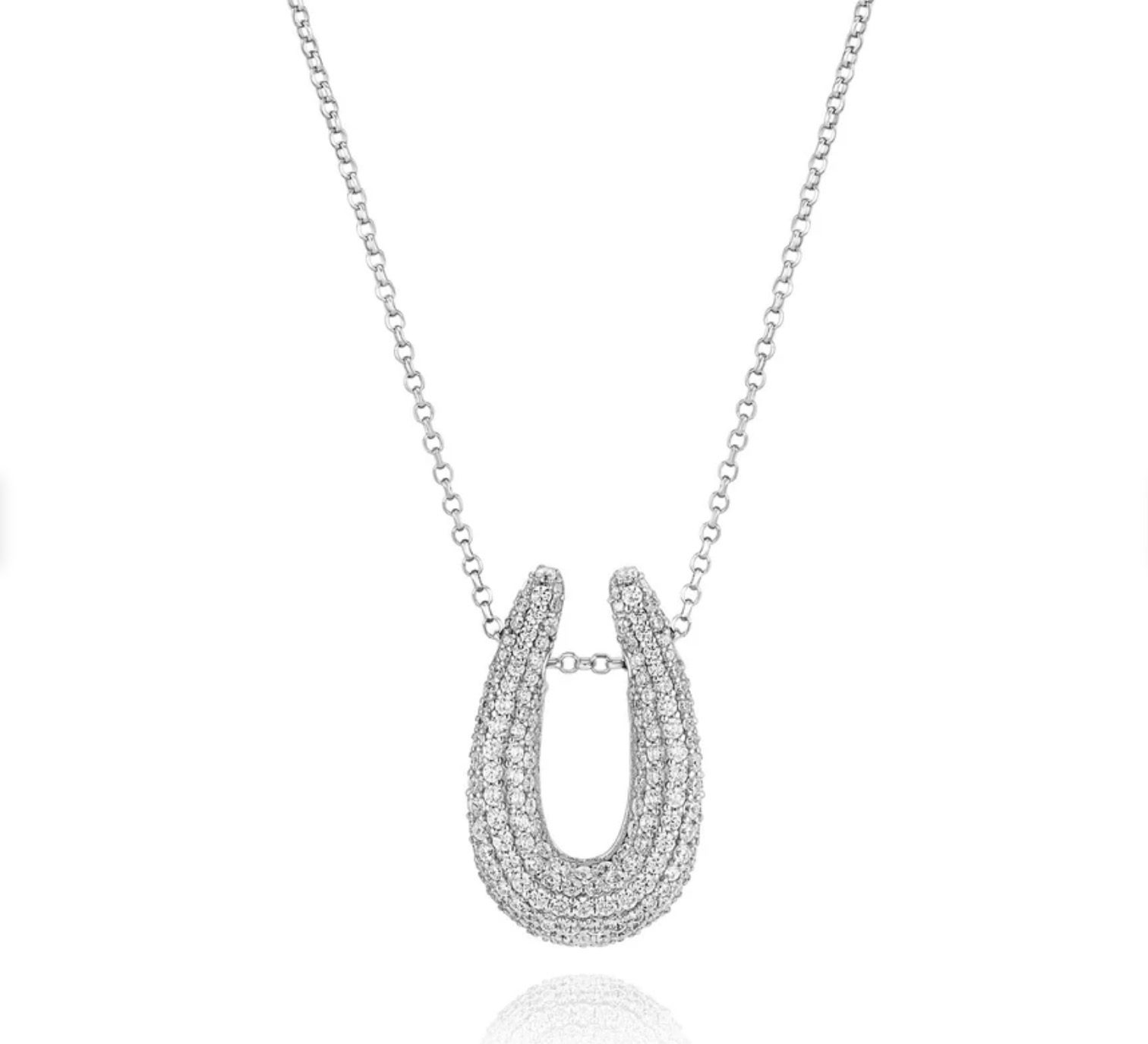 Halsketting van gerhodineerd 925 sterling zilver, bezet met facetgeslepen witte zirkonia.

Afmetingen halsketting: Breedte 23,2 mm, kettinglengte tot 45 cm (verstelbaar).
