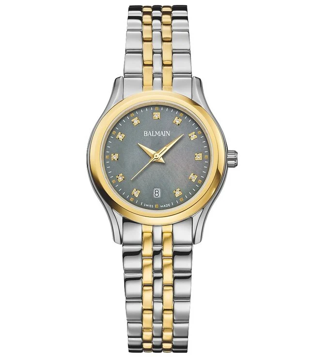 Balmain Belaganza met grijze wijzerplaat met diamant. Bicolor kast en schakelband