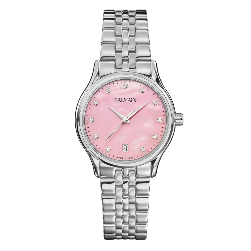 Het horloge
Het Balmain Beleganza Lady M horloge is een perfect voorbeeld van Zwitserse elegantie, waarbij verfijnd design gecombineerd wordt met hoogwaardige materialen. De kast, met een diameter van 32 mm en een dikte van 6,27 mm, is vervaardigd uit 316L roestvrij staal, een materiaal dat bekendstaat om zijn robuustheid en corrosiebestendigheid. Dit staal heeft een schitterende gepolijste afwerking die het licht weerkaatst en de sierlijke rondingen van de kast accentueert. Met een gewicht van 77 gram heeft dit horloge een subtiel gewicht, een bewijs van zijn kwaliteit en duurzaamheid. De lunette, eveneens van staal, zorgt voor een harmonieuze uitstraling en zet het thema van materiaalsoliditeit voort.