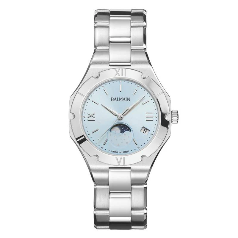 Het Be Balmain Moonphase horloge onderscheidt zich door zijn elegante en verfijnde ontwerp, speciaal gemaakt voor de pols van elke vrouw die Zwitserse horlogemakerij waardeert. Met een kast van 316L roestvrij staal combineert dit uurwerk duurzaamheid met een laag gewicht en een verfijnde stijl.

De ronde kast, met een diameter van 33 mm en een dikte van 8,15 mm, past perfect om een ​​damespols. Met een gewicht van slechts 110 gram biedt het uitzonderlijk draagcomfort. De kast heeft een elegante afwerking, een combinatie van een matte textuur met een grijze PVD-coating op het staal, waardoor moderniteit en ingetogen verfijning samenkomen.