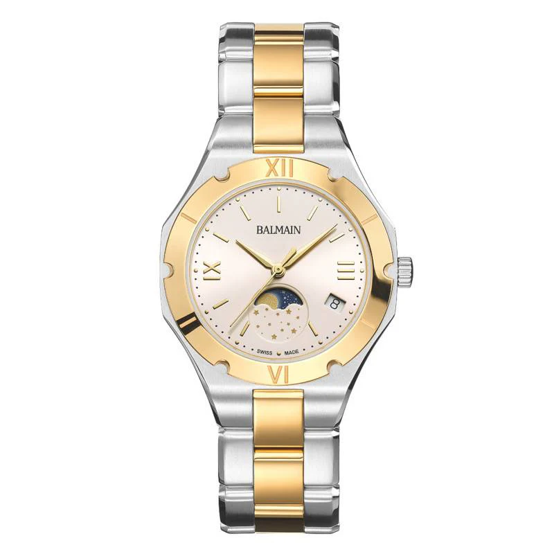 Het Be Balmain Moonphase B45923932 horloge is een perfecte mix van modern en tijdloos design. Gemaakt in Zwitserland, is het een toonbeeld van Zwitserse uitmuntendheid en precisie.

De ronde kast van 316L roestvrij staal heeft een diameter van 33 mm en een dikte van 8,15 mm, wat zorgt voor een opvallende maar comfortabele aanwezigheid om de pols. De combinatie van geborstelde en gepolijste afwerkingen geeft het horloge een stoere en verfijnde uitstraling.

Met een gewicht van 110 gram is het horloge robuust genoeg voor dagelijks gebruik en biedt het tegelijkertijd uitstekend draagcomfort. Het saffierglas, bekend om zijn krasbestendigheid, beschermt de wijzerplaat effectief.