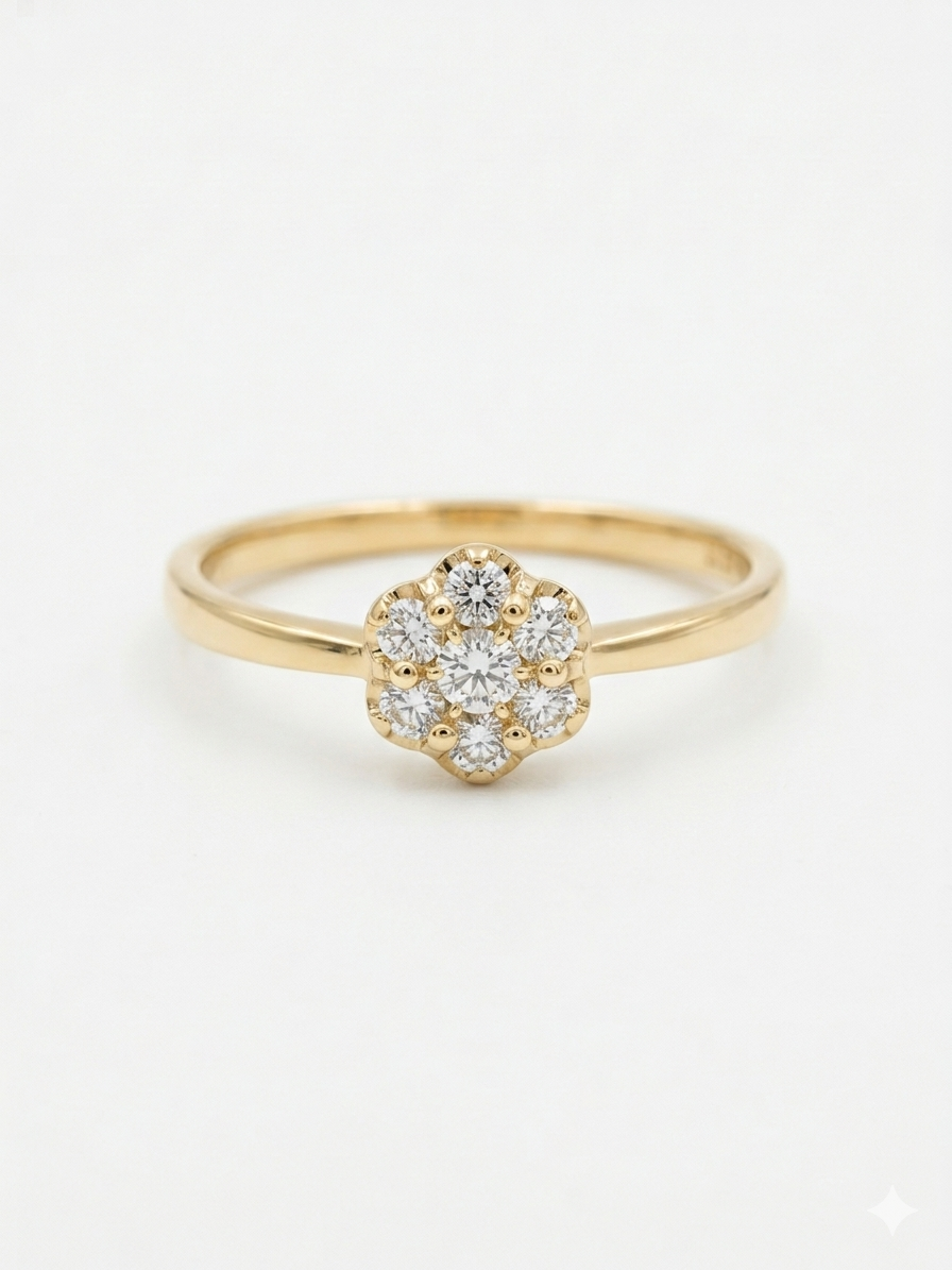 Deze prachtige 14 karaat gouden ring met modelnummer KS23 is een juweel in bloemdesign, bezet met 0,31 karaat briljant geslepen diamanten van kleur G en zuiverheid SI1. De ringmaat is 54 en de gouden kleur maakt het een elegant accessoire. Draag deze tijdloze schoonheid bij formele gelegenheden of voeg een vleugje verfijning toe aan je dagelijkse look.