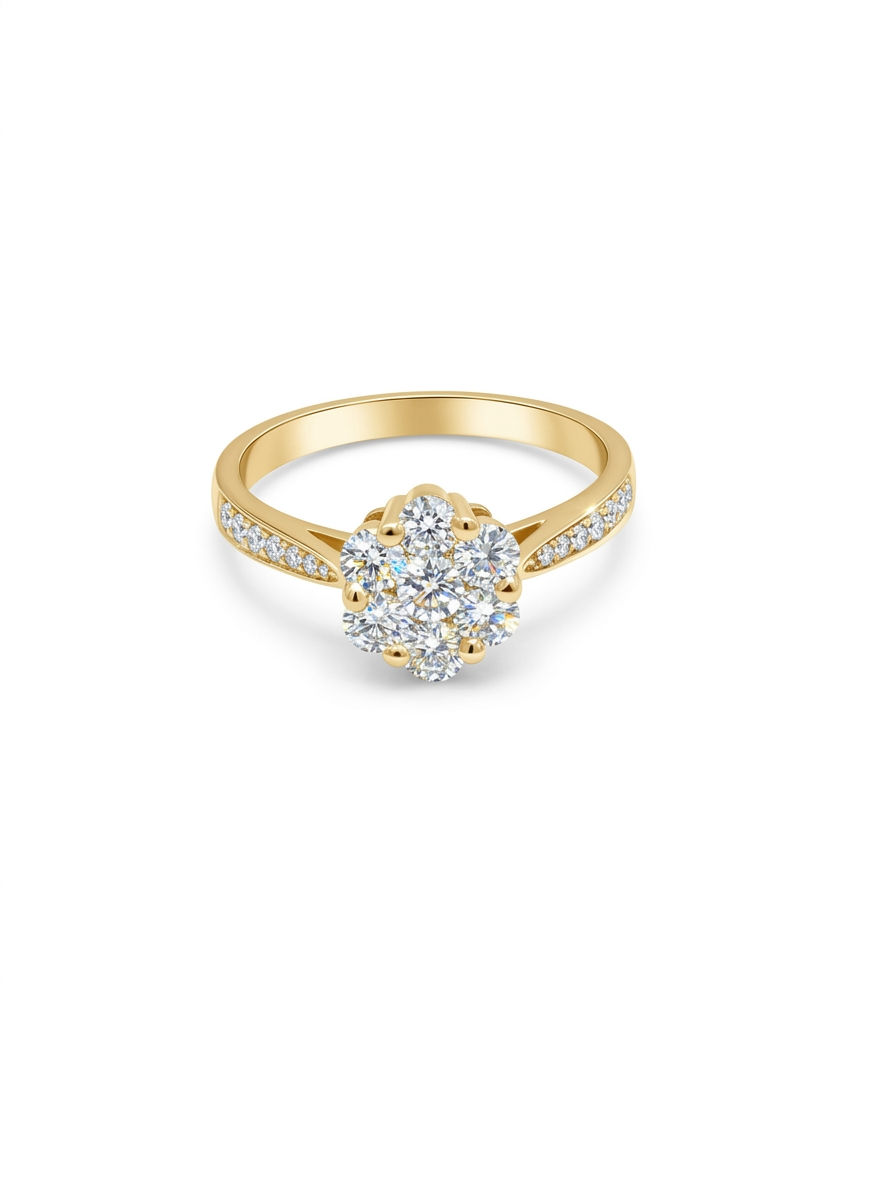 Deze prachtige 14 karaat massief gouden bloemvormige ring, model KS25, is bezet met diamanten van 0,89 karaat. Met een briljante slijpvorm, SI1 zuiverheid en G-kleur, straalt hij elegantie uit. Perfect voor dagelijks gebruik of speciale gelegenheden, draagt deze ring het best op ringmaat 54 om je look te verrijken met een vleugje luxe.