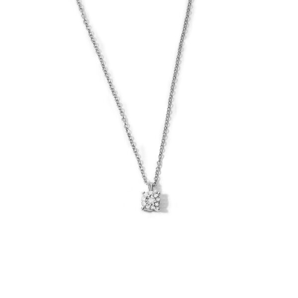 Witgouden collier met diamanthanger met 0.02ct., draaglengte 42 en 45cm.