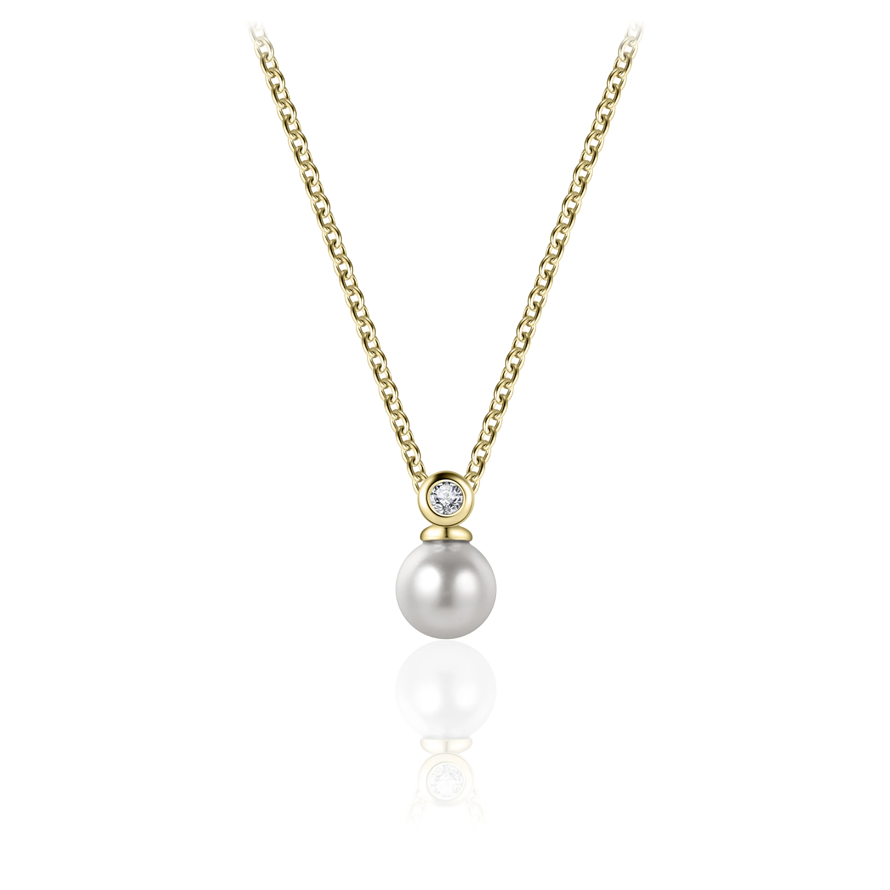 This timeless gold plated necklace features an elegant pearl suspension, encircled and elevated by an ethereal zirconia stone, creating a luxurious and exquisite piece of jewelry fit for any luxe ensemble. Crafted with quality and finesse, the necklace is a sophisticated accessory that adds a touch of elegance to any occasion.
