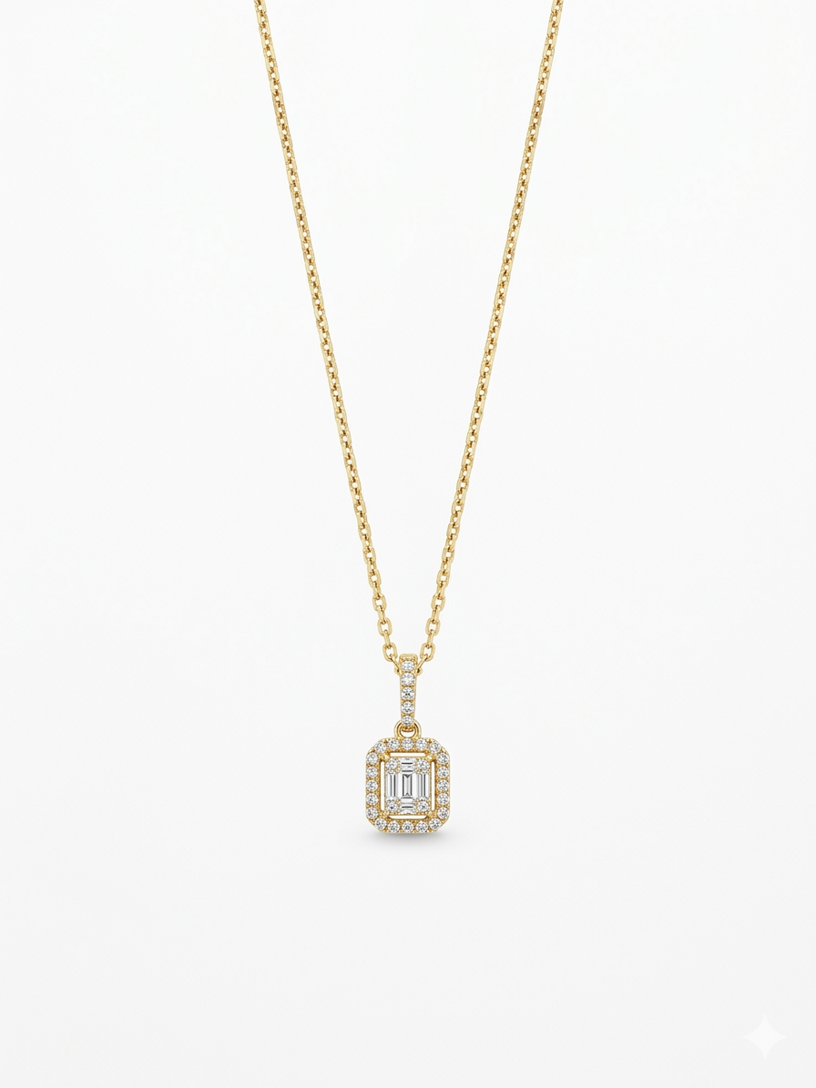 De Baguette geslepen diamanten collier met halo zetting (modelnummer SK28) biedt elegantie met 0.27 karaat SI1 zuiverheid diamanten van G-kleur, geplaatst in 14-karaats goud. Een verfijnde gouden halsketting van 55 cm, perfect voor zowel formele als alledaagse gelegenheden. Draag het solo voor een subtiele look of met bijpassende sieraden voor extra glamour.