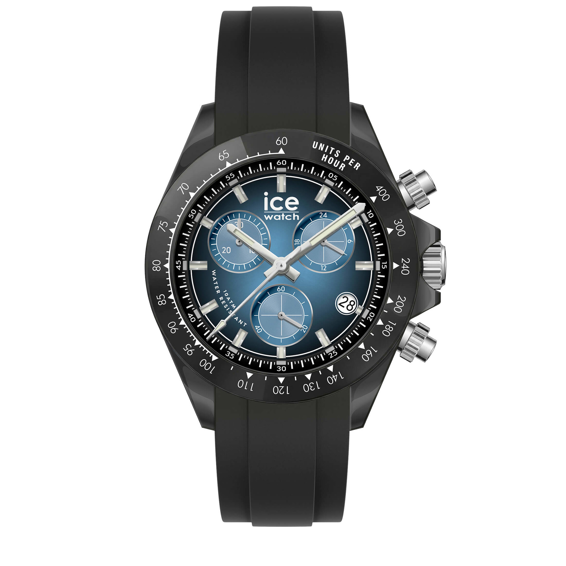 De BEWATCH Black Ocean Blue - 41mm met modelnummer 025628 biedt een stijlvol ontwerp met een zwarte kast en blauwe wijzerplaat. Het horloge heeft een datumfunctie, chronografische indicatoren, een kwartsuurwerk, en een waterdichtheid tot 10 ATM. De band en kast zijn van kunststof-siliconen. Draag dit horloge bij dagelijks gebruik voor een sportieve en tijdloze look.