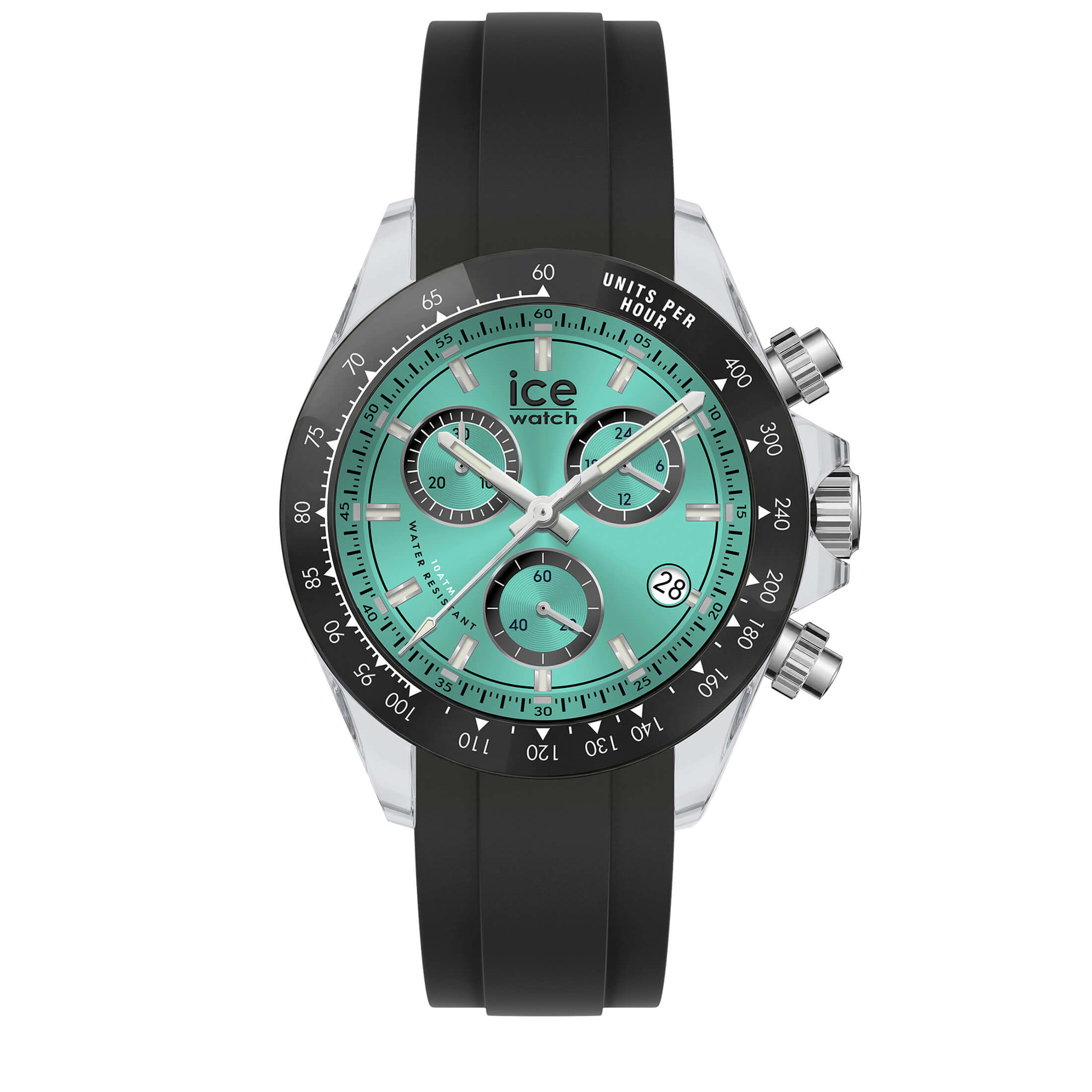 De BEWATCH Clear black turquoise 41mm CH, modelnummer 025633, is een stijlvolle polshorloge met een zwarte kunststof/siliconen band en zilverkleurige roestvrijstalen kast. De groene wijzerplaat heeft streepindexen en een chronografische multindicatie. Deze 41mm horloge is waterdicht tot 10 ATM en heeft een kwartsuurwerk. Ideaal voor dagelijks gebruik. Draag met casual of formele outfits.