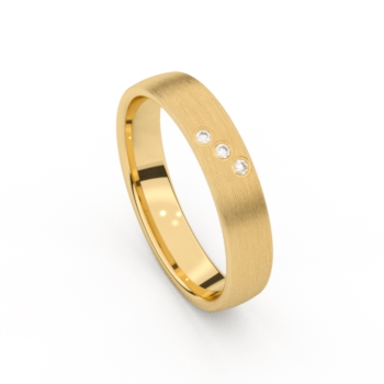 De ring is vervaardigd uit 18 kt goud. De ring is mat met drie briljantjes gezet.