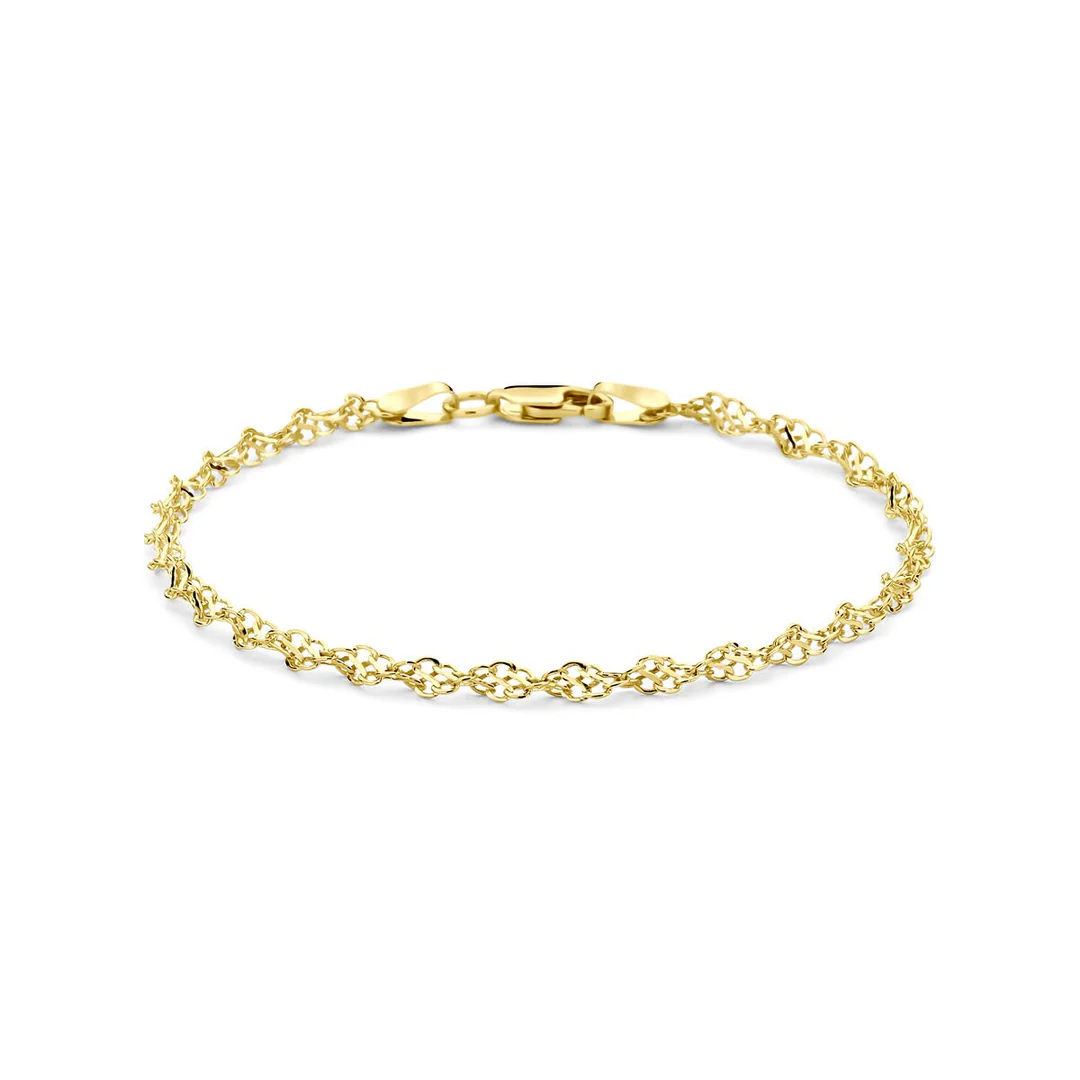 De 14k geelgouden armband met zilverkern en koordschakel van 3,2 mm biedt een elegante uitstraling. Met een lengte van 18,5 cm is deze armband perfect om dagelijks te dragen of voor speciale gelegenheden. Combineer met andere gouden sieraden voor een trendy look of draag solo voor een subtiele elegantie. Modelnummer: 50.00359 van een onbekend merk.