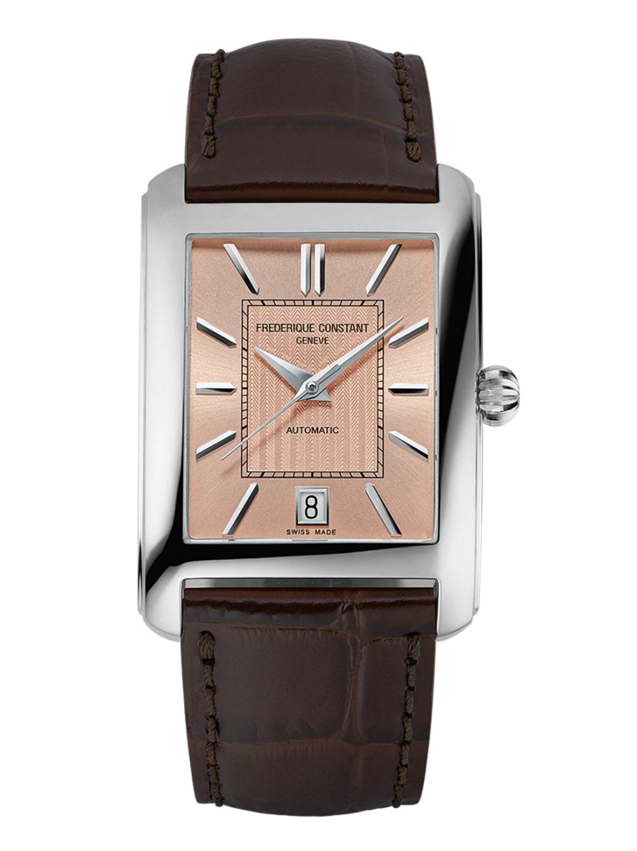 FREDERIQUE CONSTANT CLASSICS CARREE AUTOMATIC - FC-303SAL4C6
Dit horloge van Frederique Constant is onderdeel van de Classics Carree collectie. De serie wordt gekenmerkt door modellen met een rechthoekig formaat en een klassieke uitstraling. Model FC-303SAL4C6 heeft een edelstalen kast (42,3mm diameter) en een bruin leren horlogeband. De roze wijzerplaat heeft zilverkleurige wijzers en index. Naast de tijd is op de wijzerplaat ook een datumaanduiding af te lezen. Via de achterzijde is een bijzonder automatisch uurwerk te bewonderen, dit betekent dat het uurwerk loopt dankzij de beweging van de pols. Het horloge is verfijnd afgewerkt met een krasarm saffierglas en een waterdichtheid tot 30 meter. De FC-303SAL4C6 is dankzij het klassieke ontwerp en hoge kwaliteit materialen een prachtexemplaar.