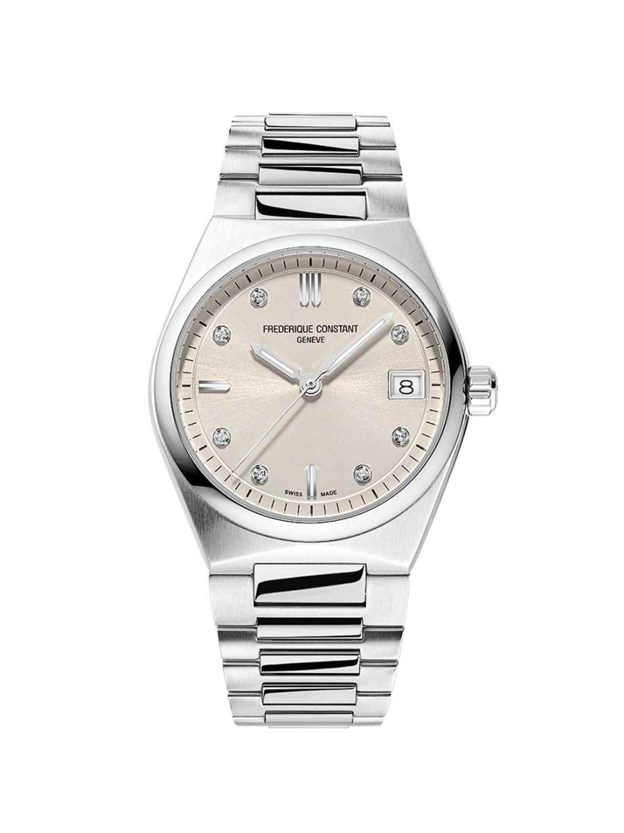 FREDERIQUE CONSTANT HIGHLIFE LADY FC-240BGD2NH6B
Dit bicolor dameshorloge van Frederique Constant is onderdeel van de Highlife collectie. Het bijzondere van deze collectie zijn de speciaal ingebouwde horlogebanden. De band van dit model loopt perfect over in de horlogekast. De horloges in deze serie zijn van hoge kwaliteit en gemaakt voor dagelijks gebruik.

Dit model is uitgevoerd met een edelstalen horlogekast (diameter 31mm) en een quartz uurwerk. De lichte wijzerplaat van het horloge is prachtig afgewerkt met glinsterende puntjes. Naast de tijd is ook de datum op de wijzerplaat af te lezen. De edelstalen horlogeband van dit model is afgewerkt met een glanzende bewerking en zorgt voor een luxe uitstraling. De FC-240BGD2NH6B is het ultieme polshorloge voor vrouwen die op zoek zijn naar een exclusief en luxe horloge met een verfijnd uiterlijk.