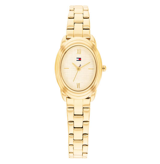 Het Tommy Hilfiger dameshorloge DEMI 1782875 is een elegante polshorloge met een roestvrijstalen kast in goudkleur. Dit horloge heeft een ovale vorm en mineraalglas. Het heeft geen datumfunctie en een kastgrootte van 28 mm. Draag het bij feestelijke of formele gelegenheden voor een stijlvolle look. Perfect als accessoire voor elke outfit.
