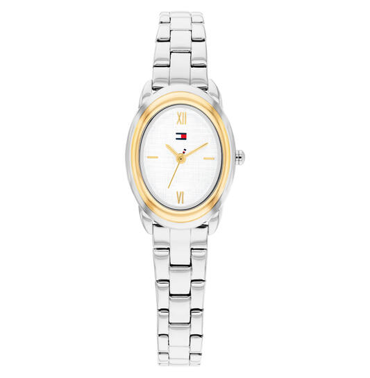 De Tommy Hilfiger DEMI OVAL - (modelnummer 1782874) is een stijlvol dameshorloge met een goud-zilver gekleurde armband. Gemaakt van roestvrij staal, heeft het een ovale kastvorm en mineraal glas. Dit horloge heeft geen datumfunctie. Perfect te dragen bij zowel formele als casual outfits, voor een elegante en tijdloze uitstraling.
